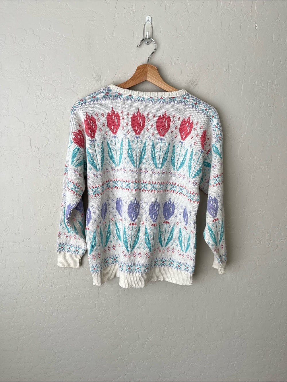 Vintage 80s Bedford Fair Tulip Floral Pastel Knit Cotton Made in USA Sweater - Picture 3 of 7